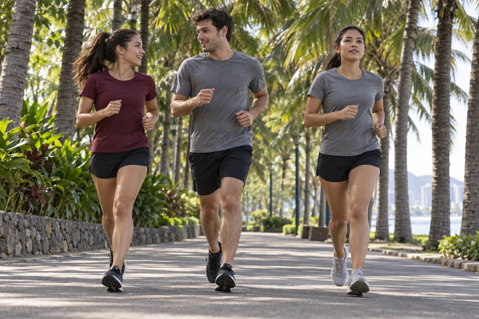 Illustration: Three young adults jogging at a relaxed pace under palms.