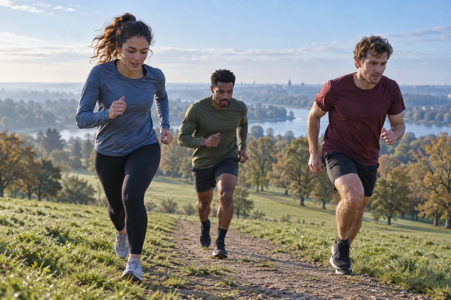 Illustration: Runners taking a gentle uphill path through a park.