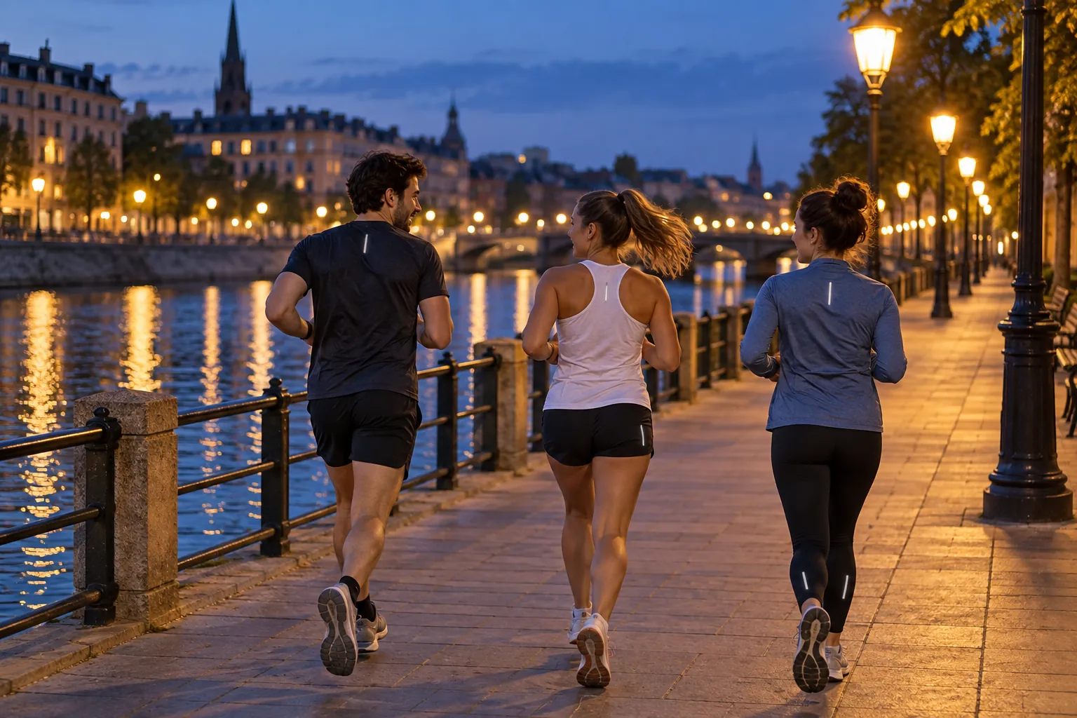 Illustration: Three young adults jogging beside a canal at dusk.
