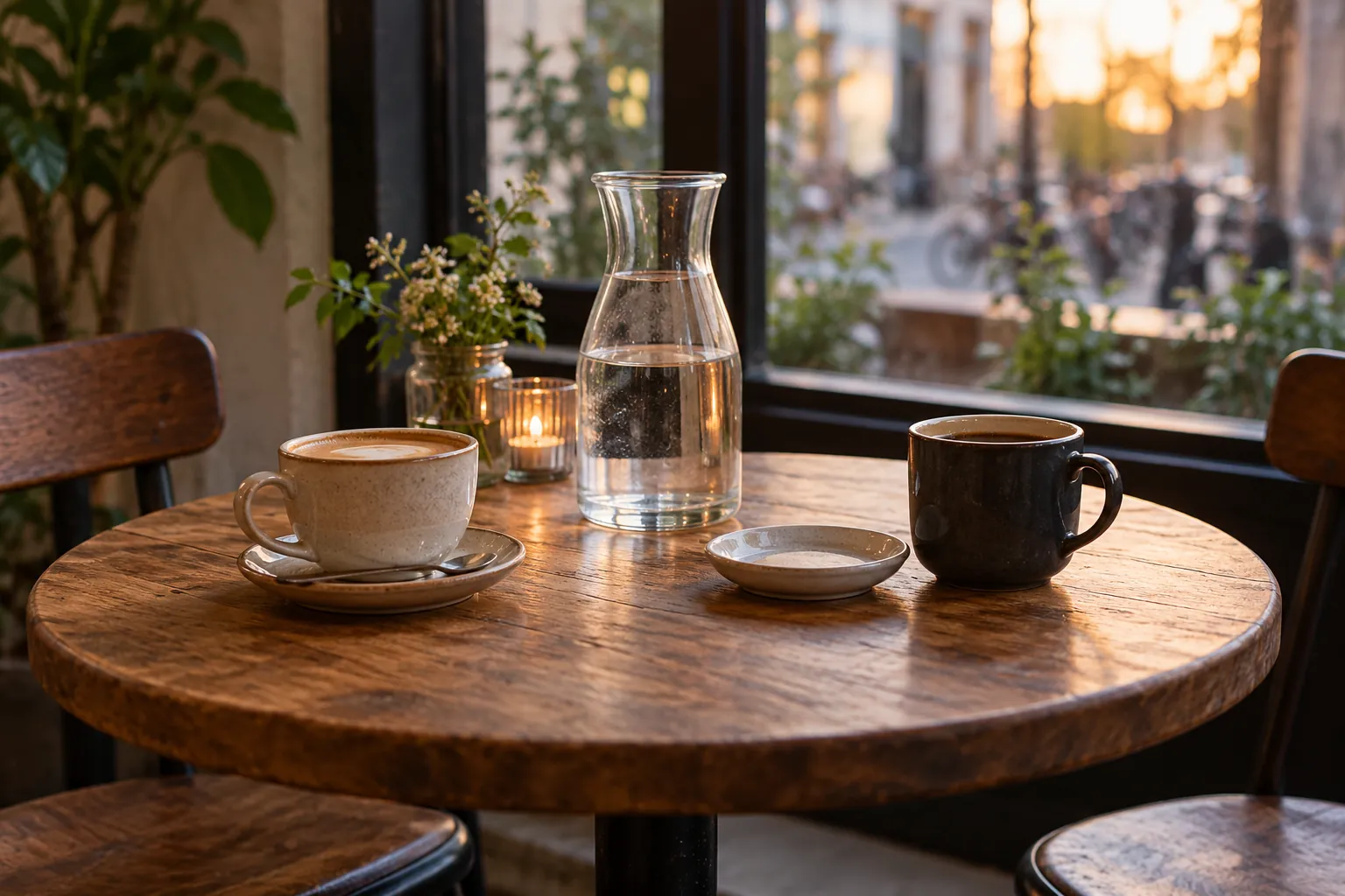 Illustration: Two cups and a water carafe between empty chairs at a café table.