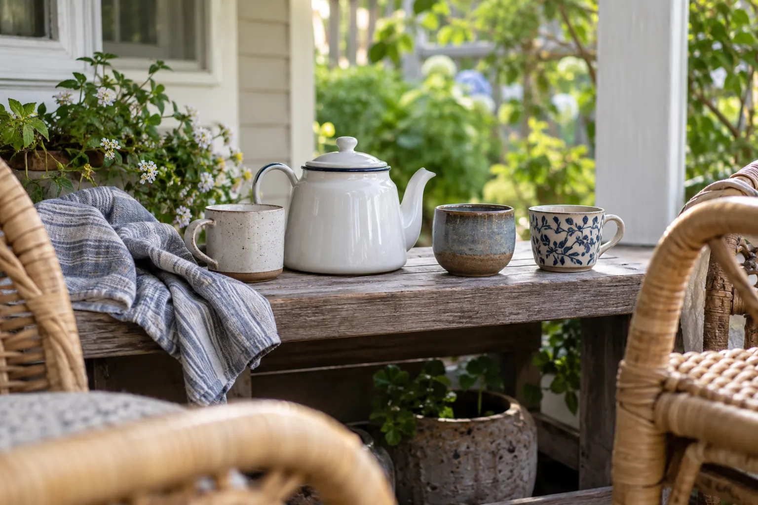 Illustration: An enamel teapot and three cups on a veranda shelf beside empty cane chairs.