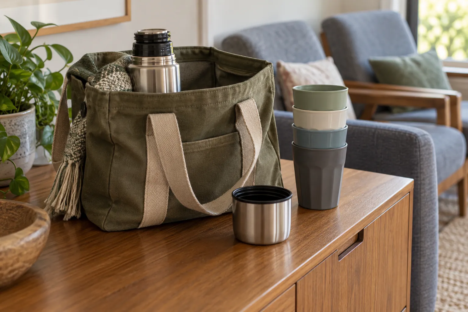 Illustration: A vacuum flask, tumblers and a canvas carrier on a lounge sideboard.