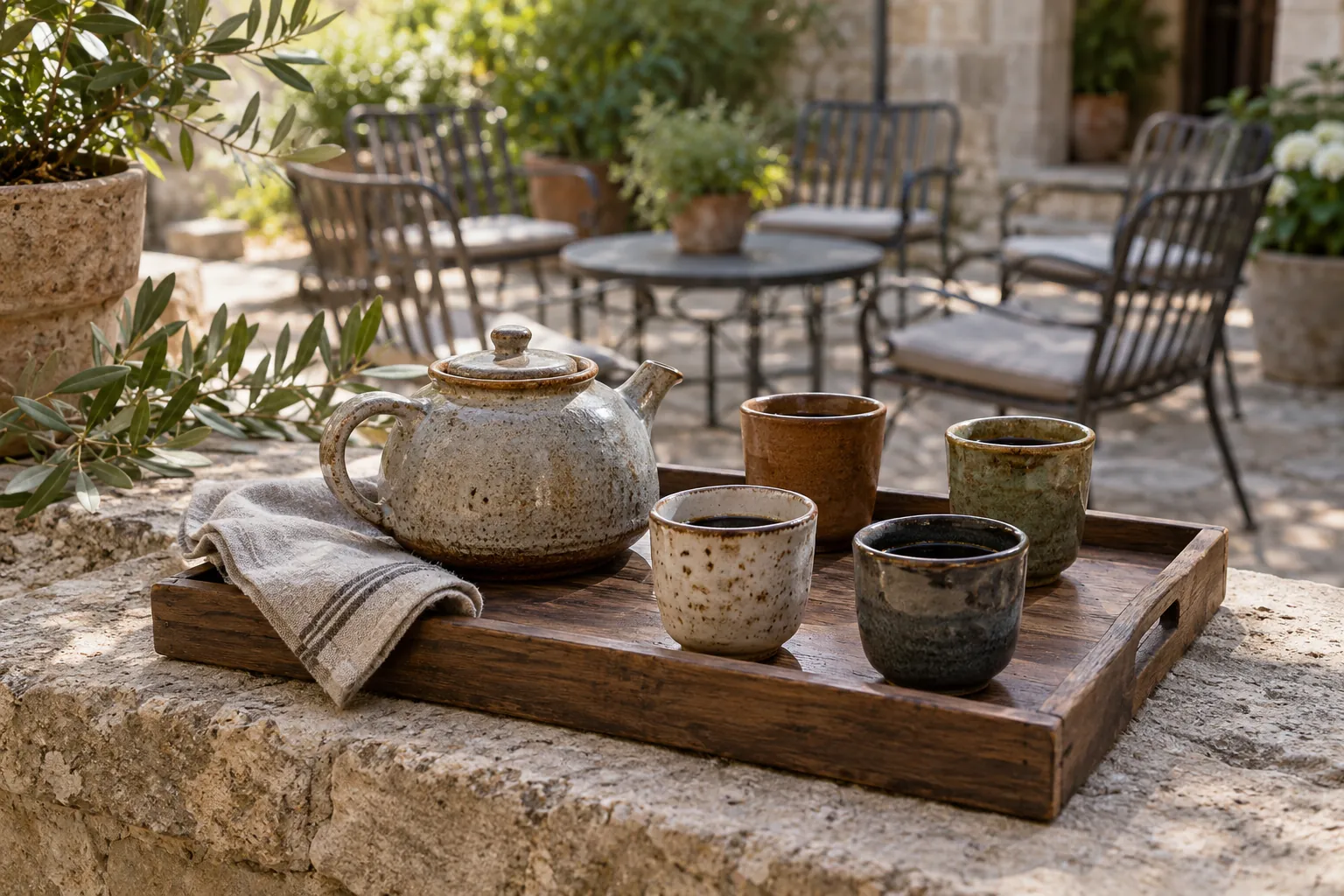 Illustration: A coffee pot and four cups on a tray beside empty courtyard chairs.