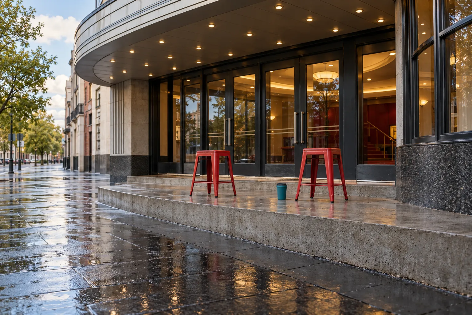 Illustration: Two red stools and a reusable cup beneath an unsigned cinema canopy.