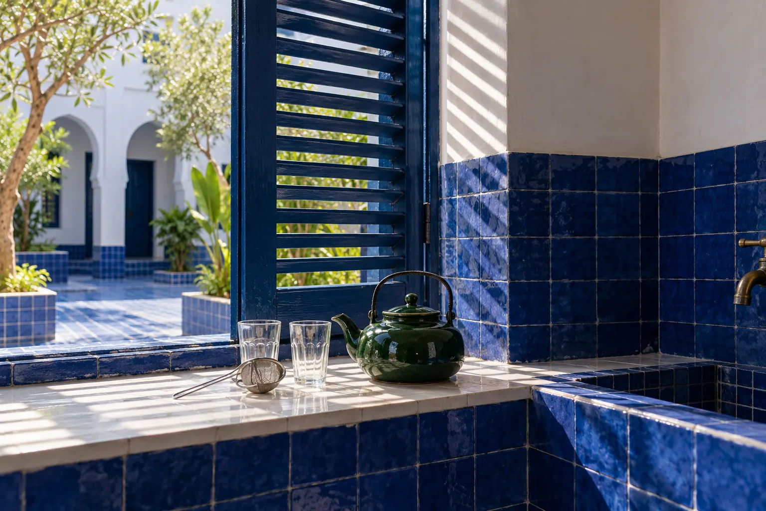 Illustration: A green teapot and clear glasses on a tiled ledge opening onto a blue courtyard.