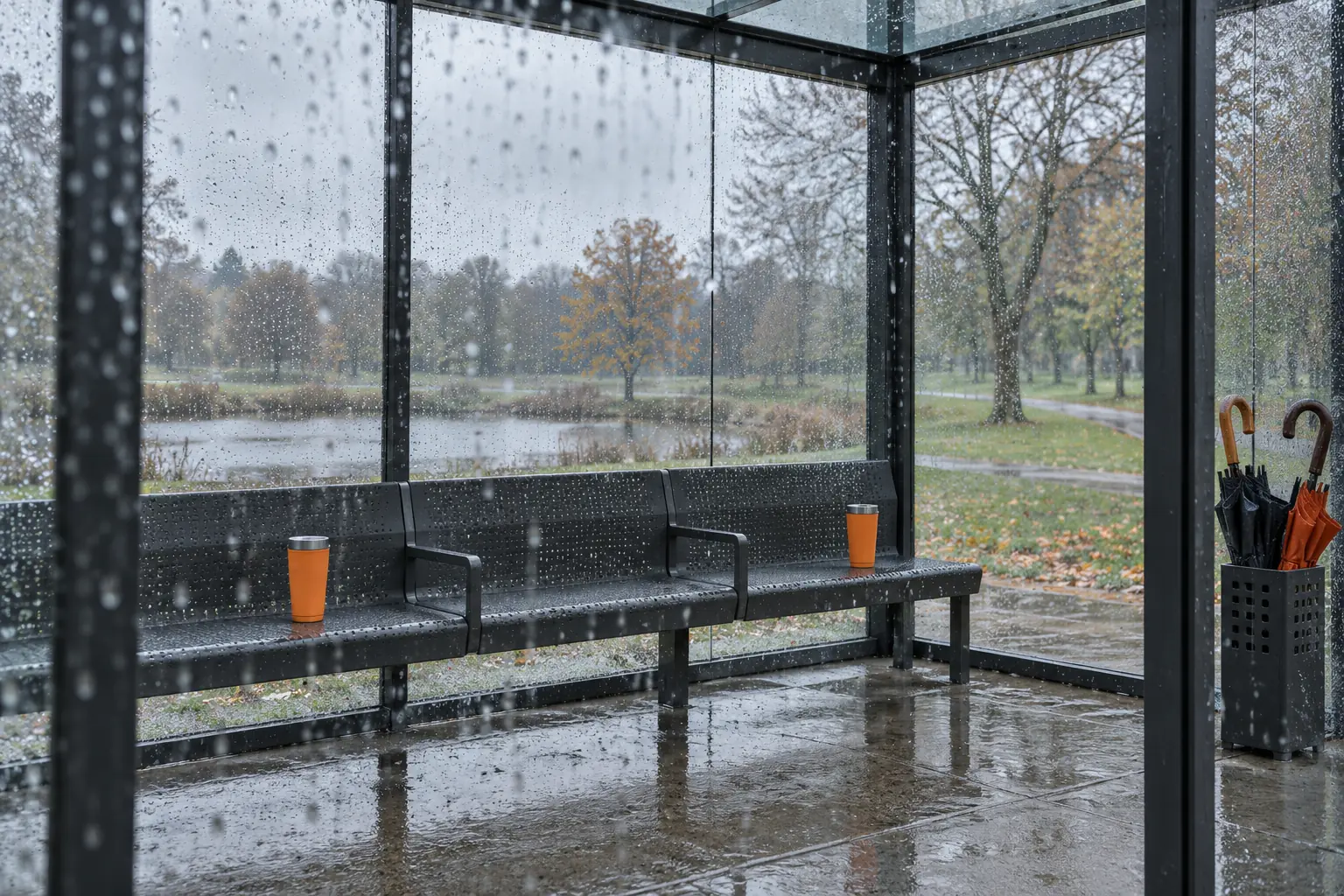 Illustration: Orange insulated cups and umbrellas inside an empty glass park shelter.