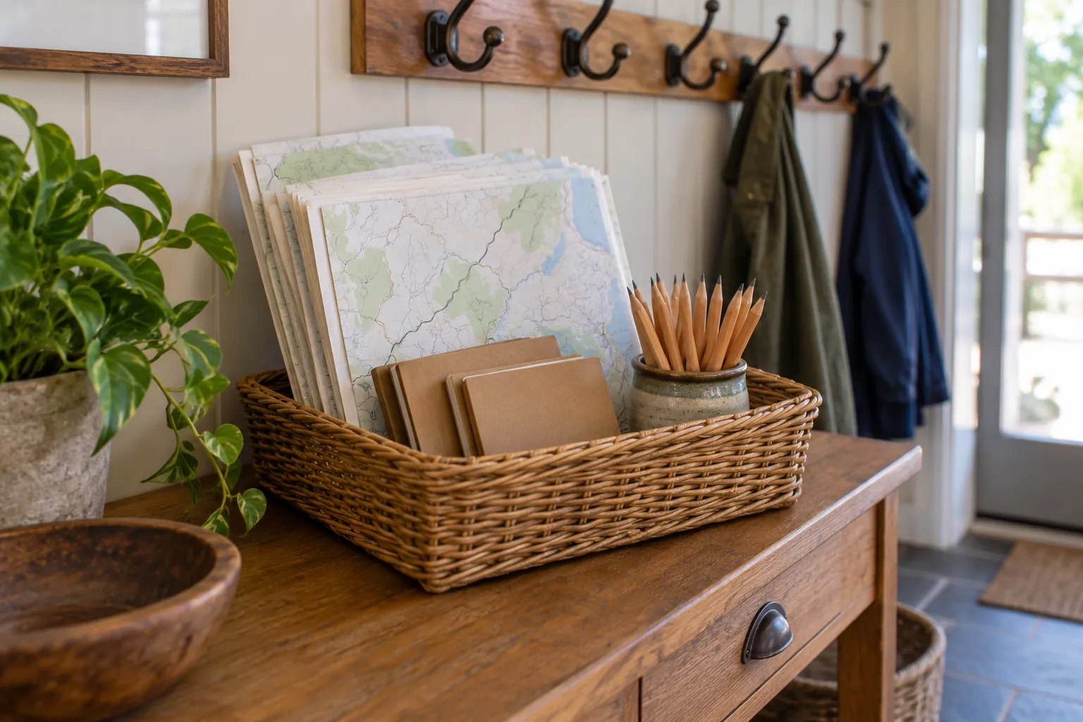 Illustration: A basket of unlabeled sketch maps, blank notebooks and pencils at a community-room entrance.