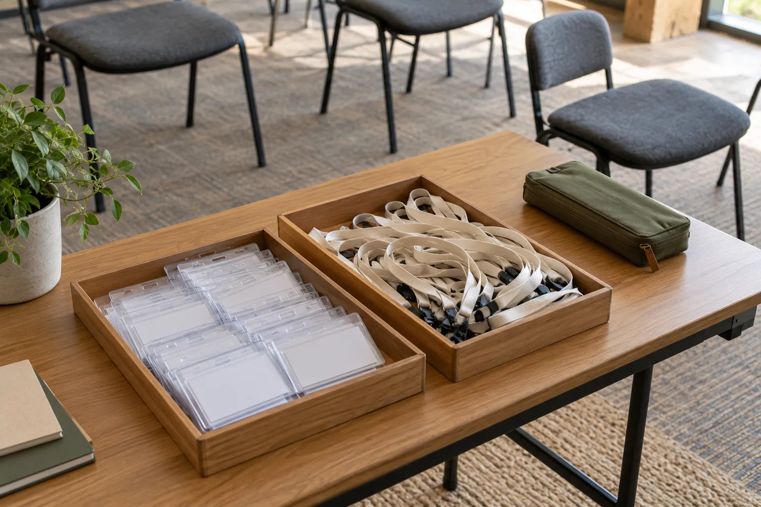 Illustration: Blank name-tag holders and cotton lanyards in wooden trays on a welcome desk.
