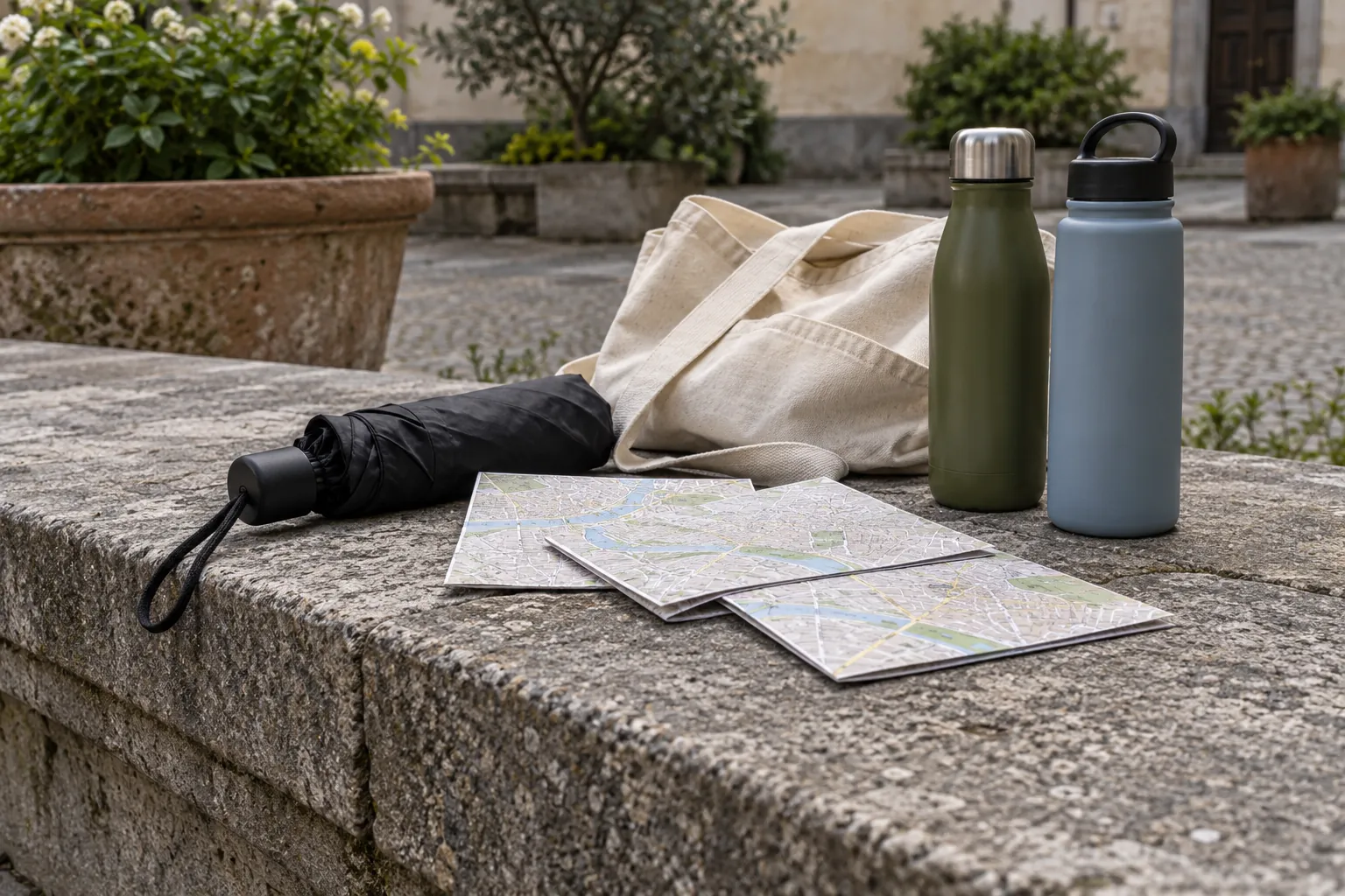 Illustration: Unlabeled neighborhood maps, an umbrella, a tote and water bottles on a stone ledge.