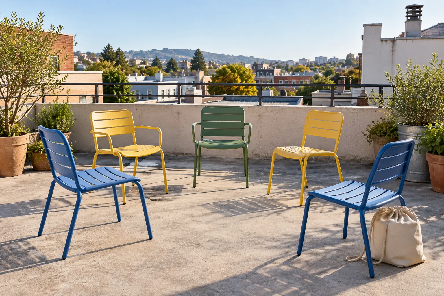 Illustration: Colorful chairs arranged for a newcomer circle on an empty rooftop.