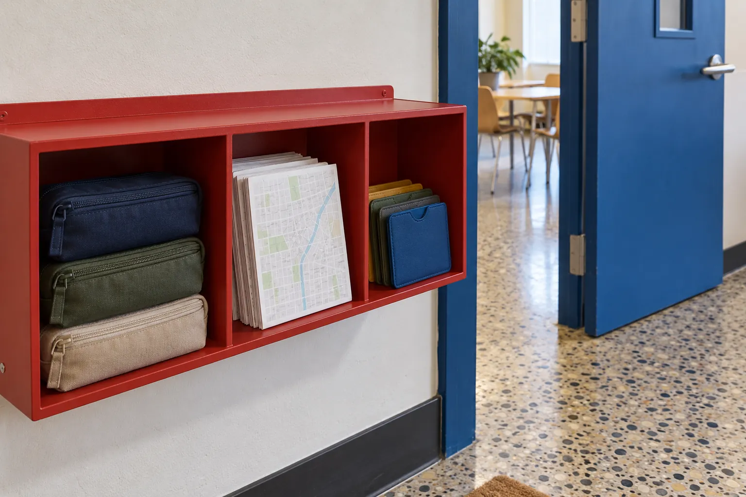 Illustration: Plain welcome pouches and folded route sheets in a red wall shelf.