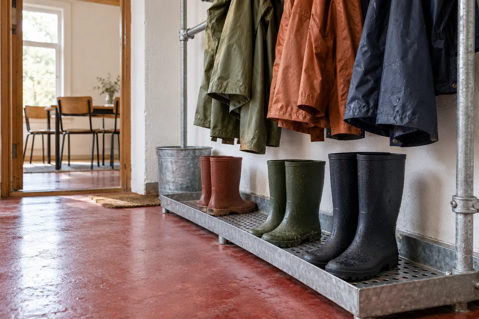 Illustration: Raincoats and boots in a communal coat alcove beside an empty meeting room.