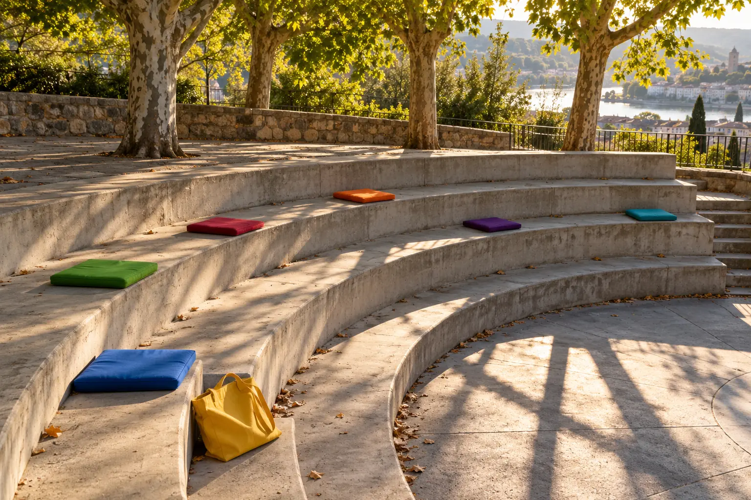 Illustration: Colorful seat pads arranged along the curved steps of an empty outdoor amphitheatre.