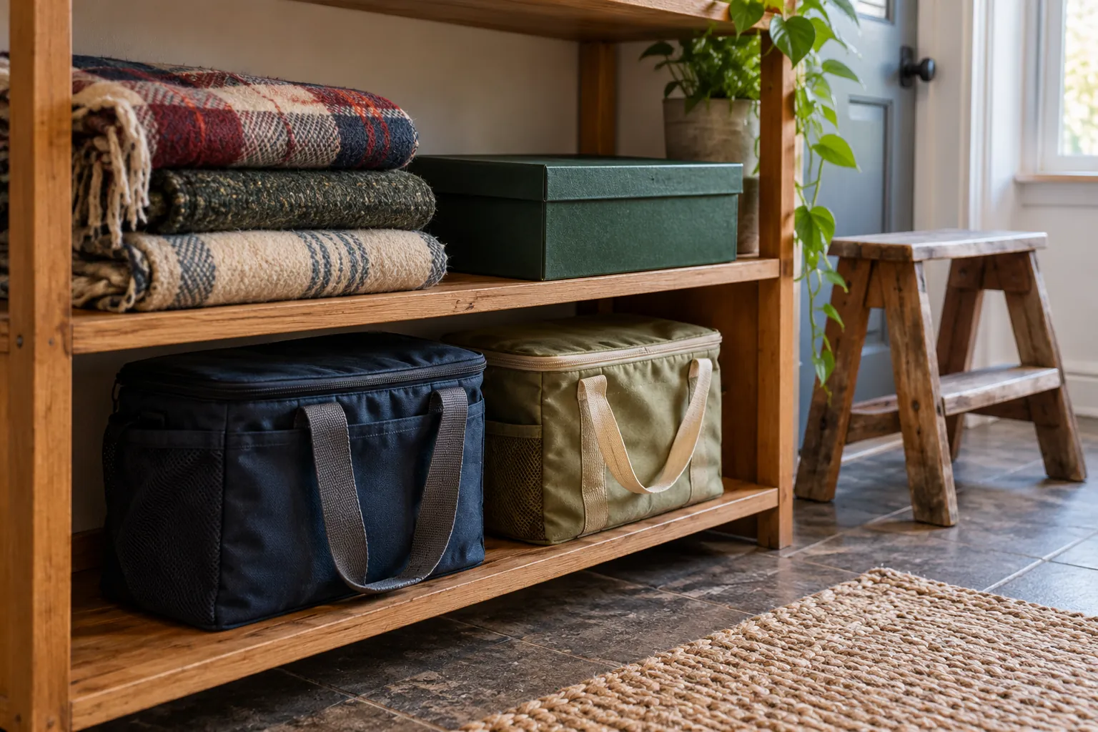 Illustration: Picnic blankets, a plain closed game box and reusable carriers on a community lending shelf.