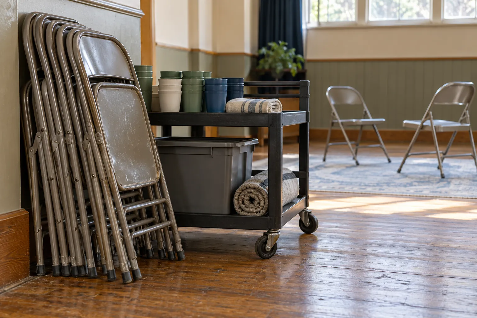Illustration: Folded chairs and a wheeled cart of reusable cups in a community hall.