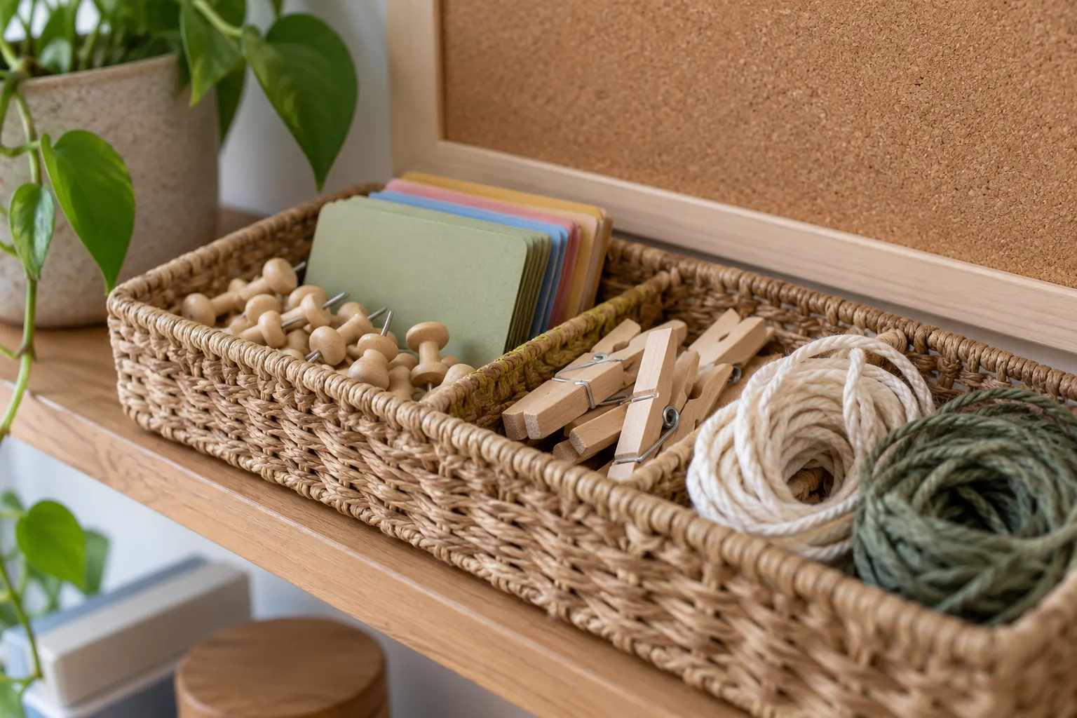 Illustration: Pushpins, blank cards, clothespins and cord beside an empty corkboard.