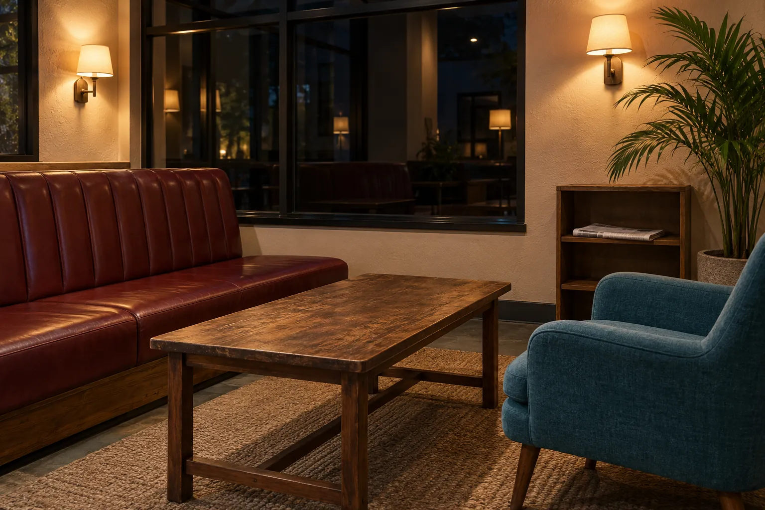 Illustration: An empty community lounge with a burgundy booth and turquoise armchair at dusk.