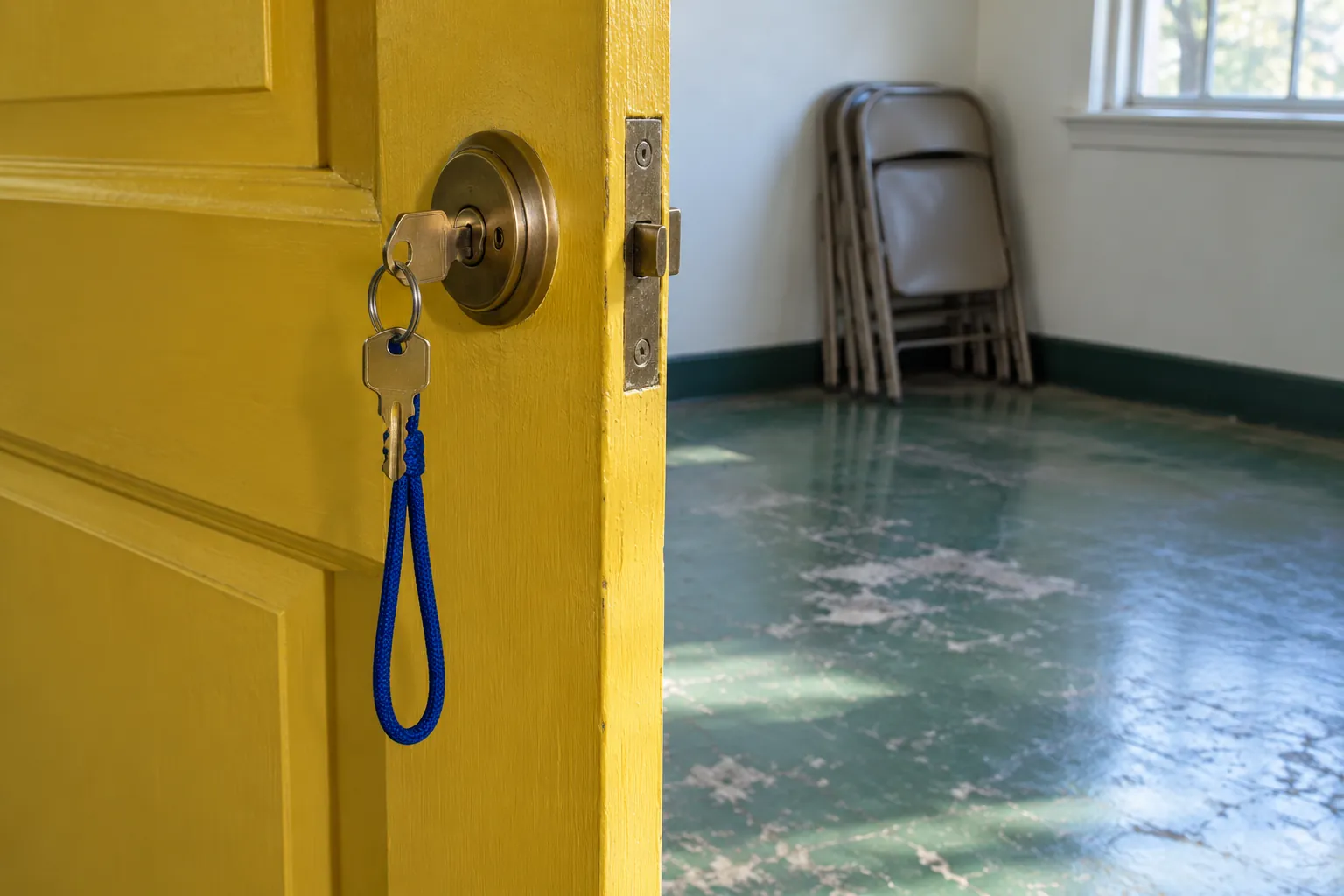 Illustration: A brass key in an open yellow door leading to a community room.