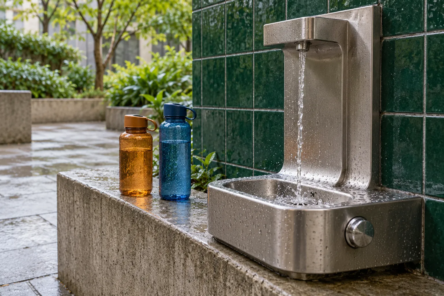 Illustration: Two reusable bottles beside a stainless water fountain and green tiles.