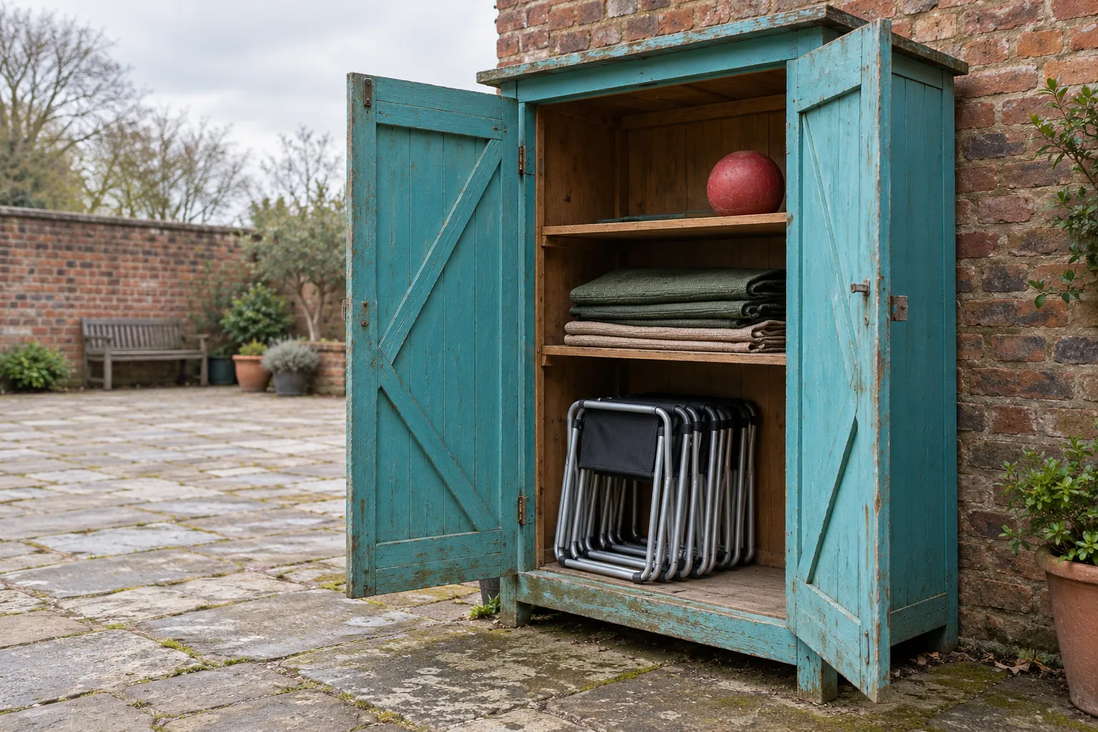 Illustration: An open turquoise cupboard holding stools and picnic mats in an empty courtyard.