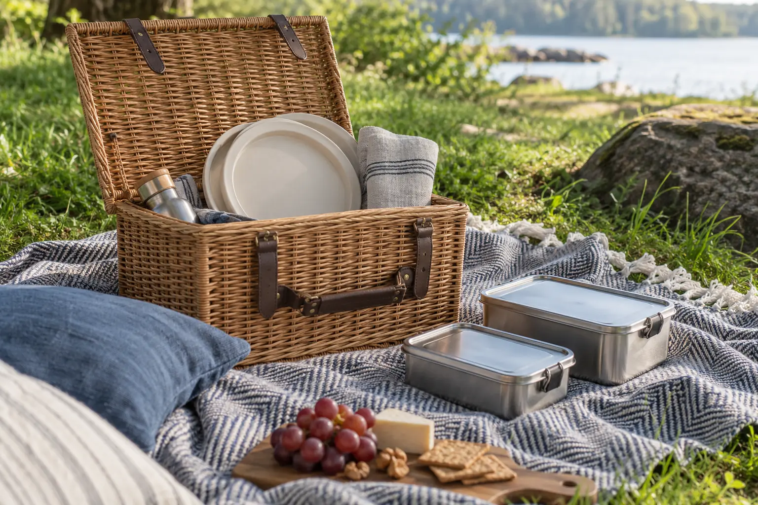 Illustration: An open picnic basket, reusable plates and steel food boxes on a blanket.