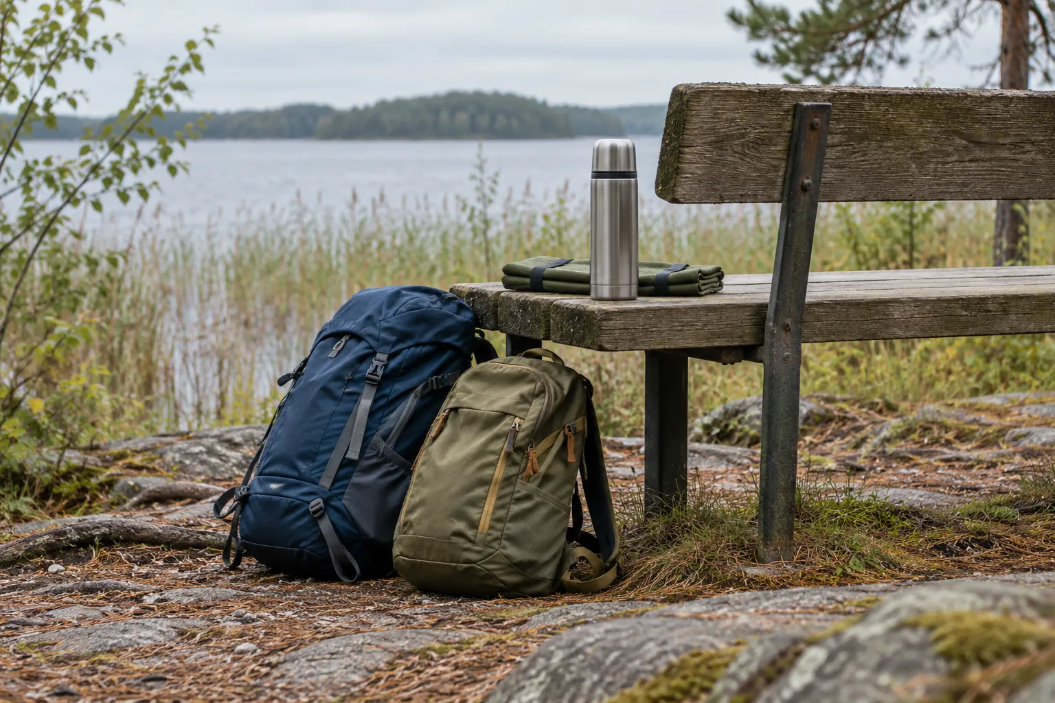 Illustration: Daypacks, a thermos and a folded seat mat beside a lakeside bench.
