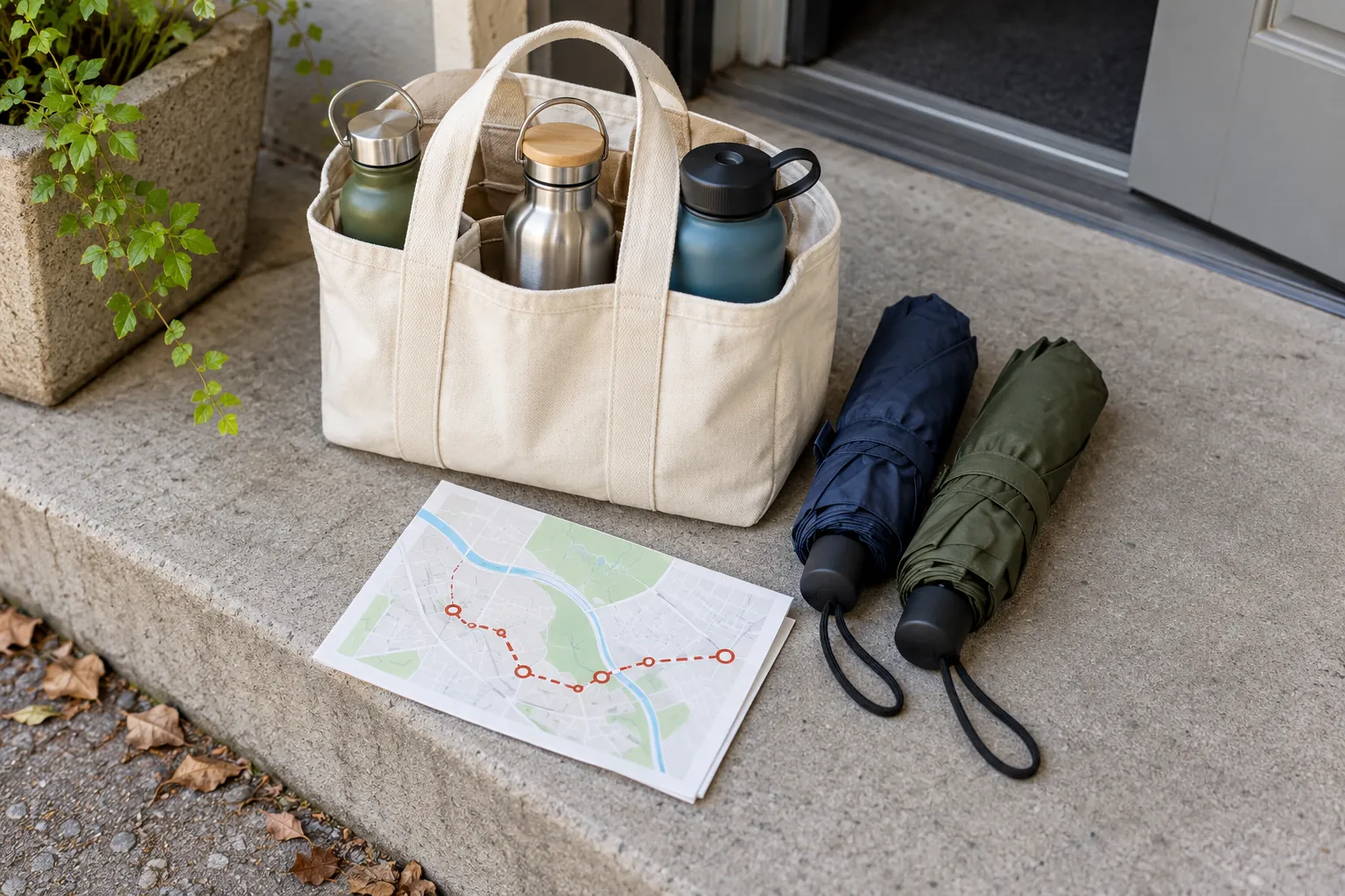 Illustration: Water bottles, folded umbrellas and an unlabeled route diagram on a courtyard step.