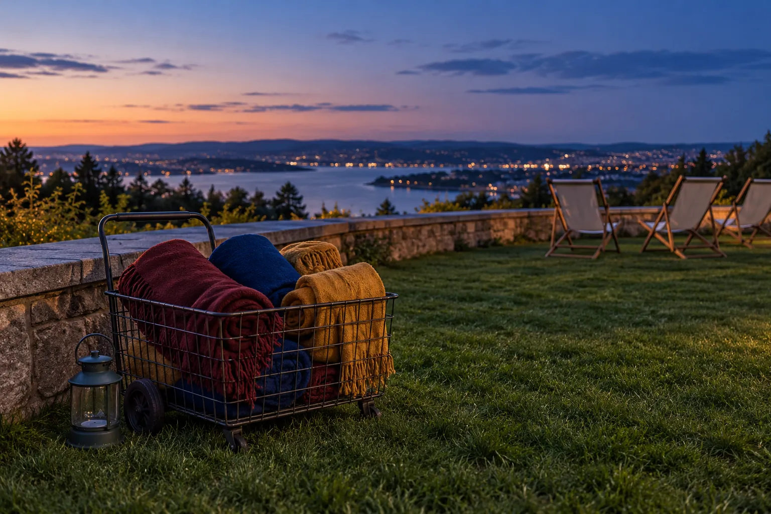 Illustration: Colorful blankets in a wire basket beside empty deckchairs at blue hour.