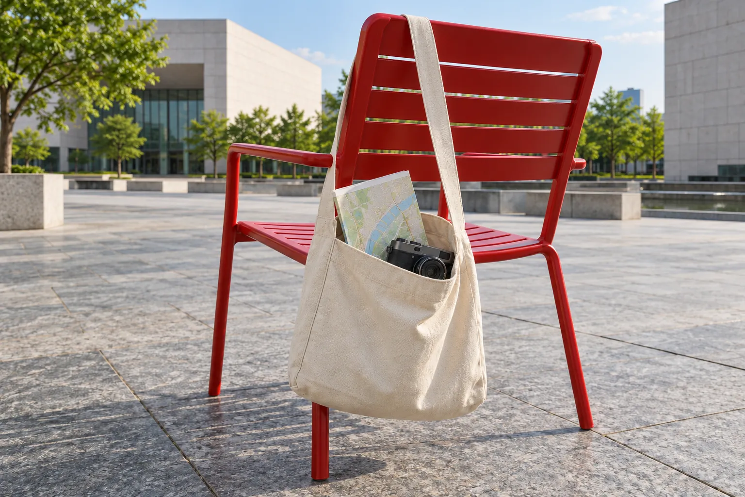 Illustration: A city-walk shoulder bag hanging from a red chair on an empty stone plaza.