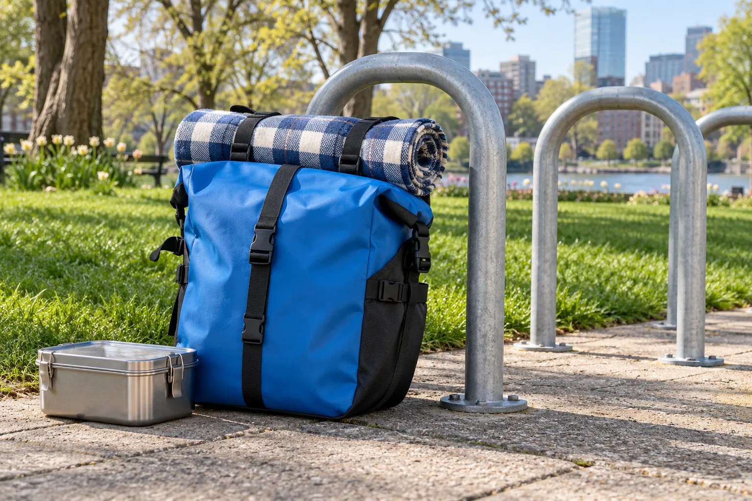 Illustration: A blue pannier, picnic mat and lunchbox beside a park cycle rack.