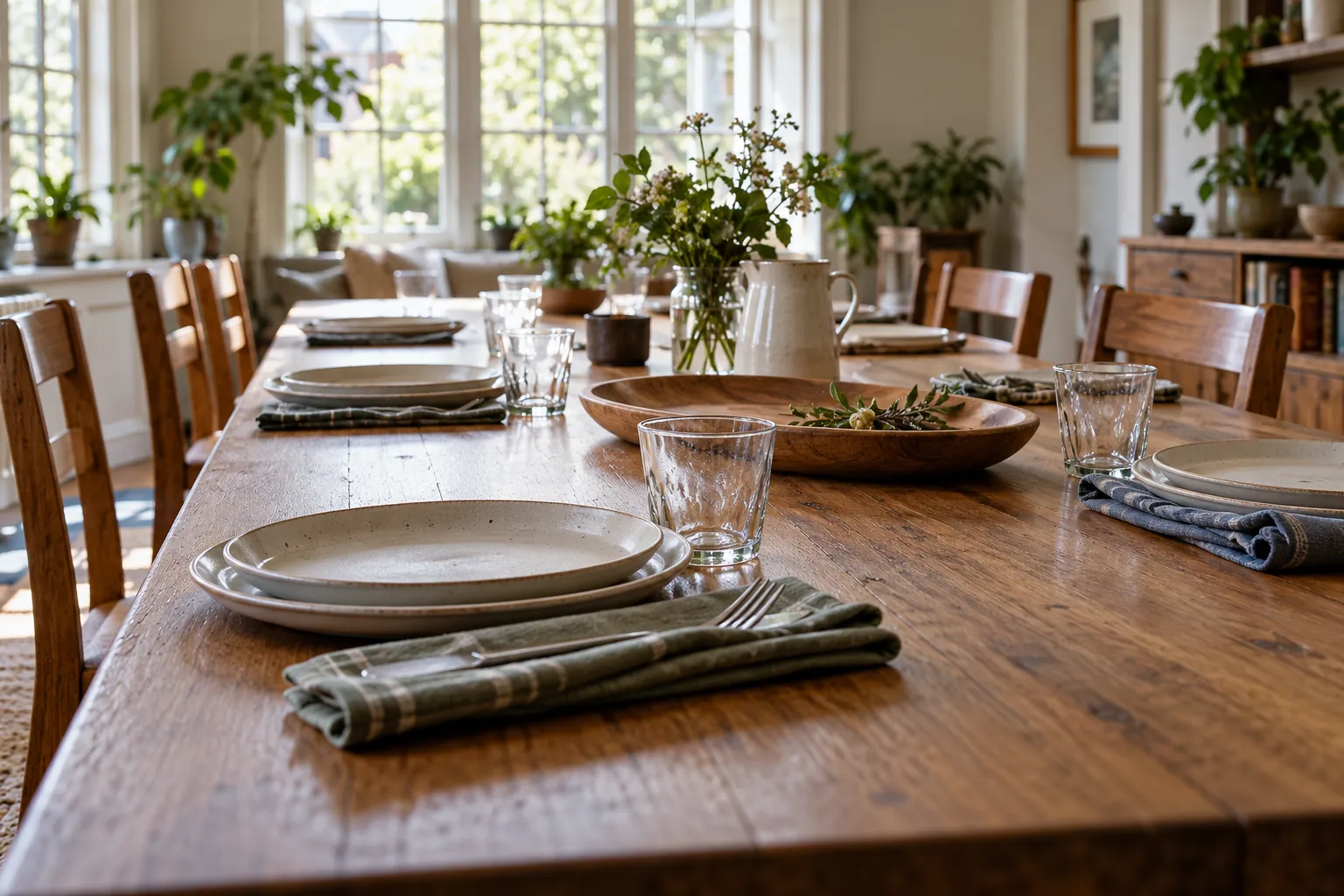Illustration: Reusable plates and cloth napkins arranged on a long community dining table.