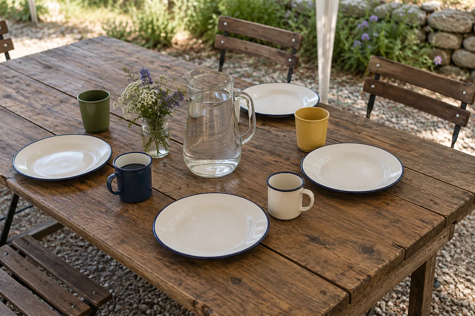 Illustration: Enamel plates, reusable cups and a water pitcher on an outdoor trestle table.