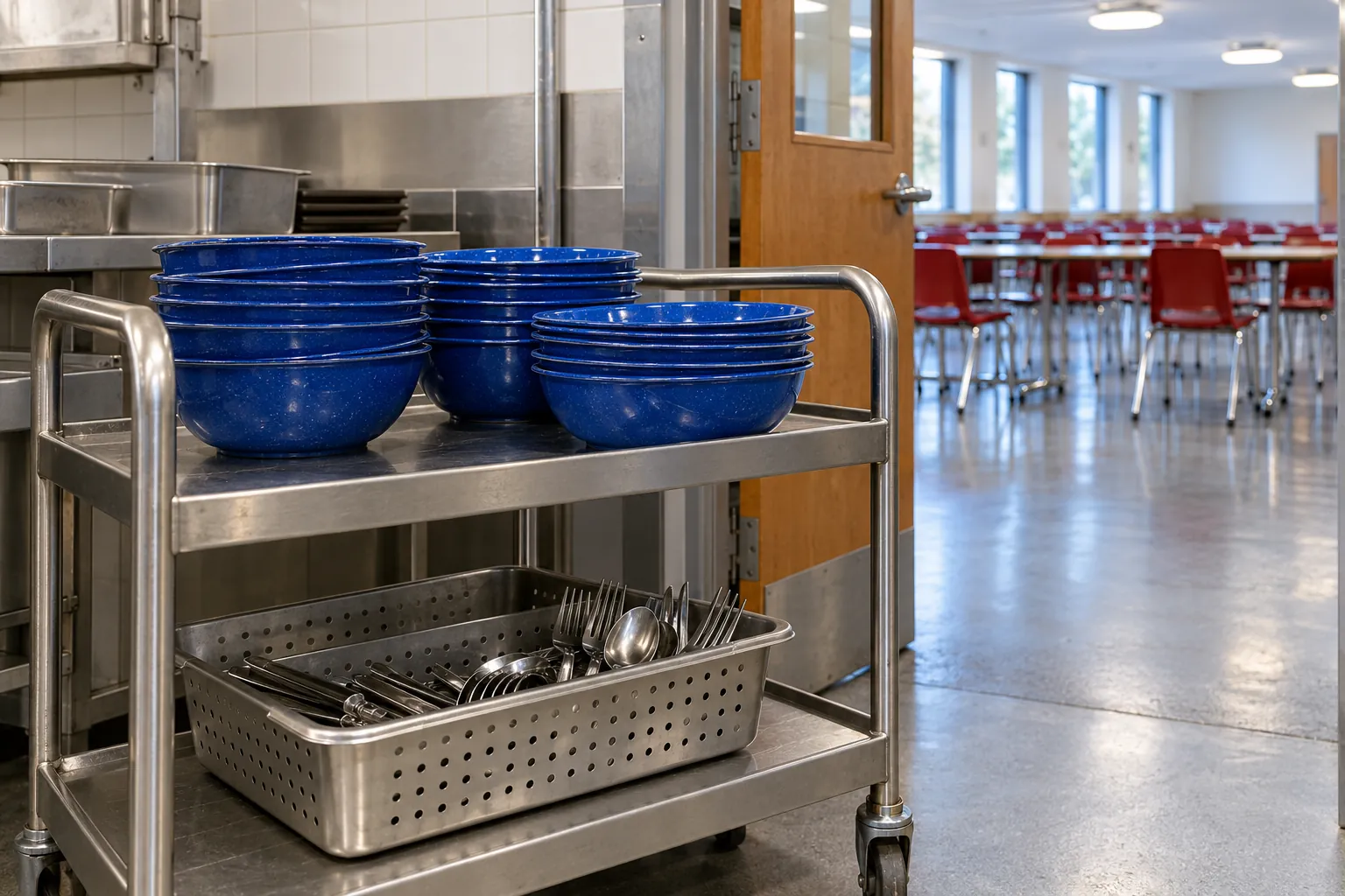 Illustration: Blue enamel bowls stacked on a stainless trolley outside a communal dining hall.