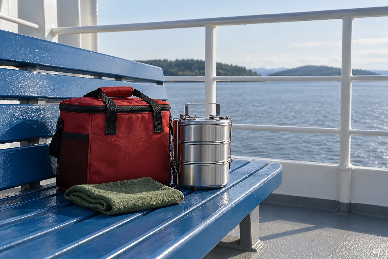 Illustration: A red food carrier and stainless container on an empty blue ferry bench.