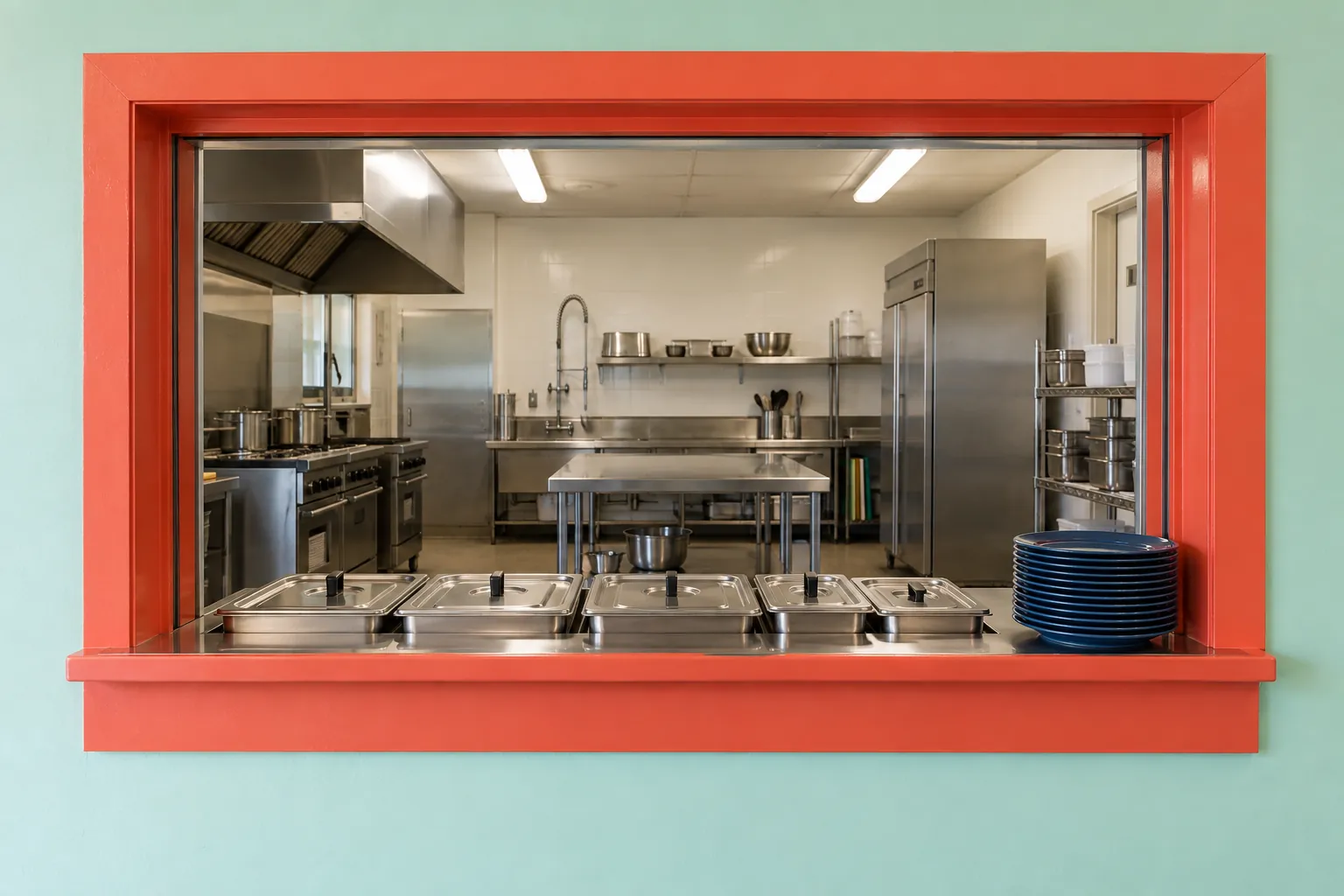 Illustration: Covered serving pans and blue plates at a coral-framed community kitchen hatch.