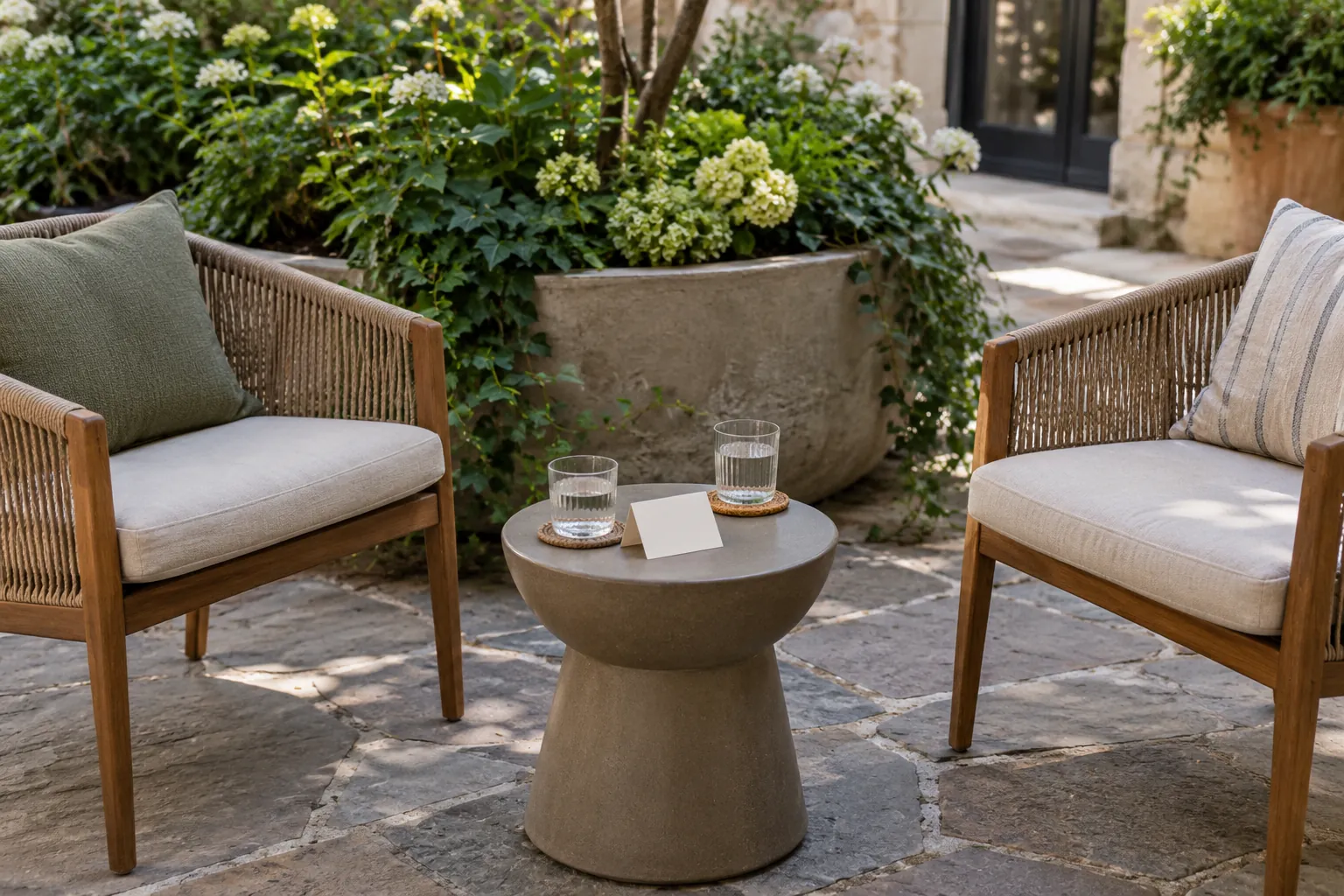 Illustration: Two empty chairs, water glasses and a face-down card beside a courtyard planter.