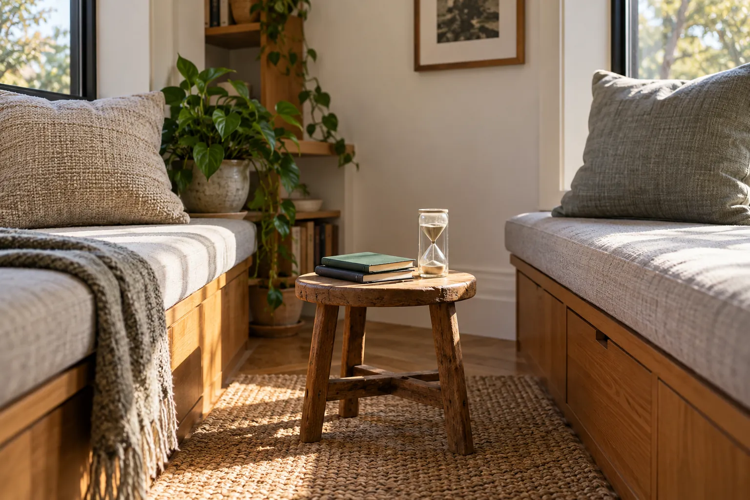 Illustration: Two window-bench cushions with a sand timer and closed notebooks between them.