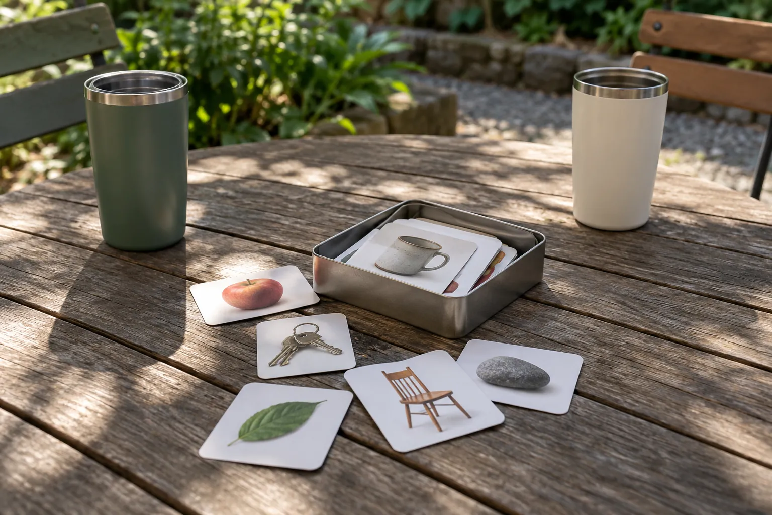 Illustration: Wordless picture cards and two reusable tumblers on a garden table.