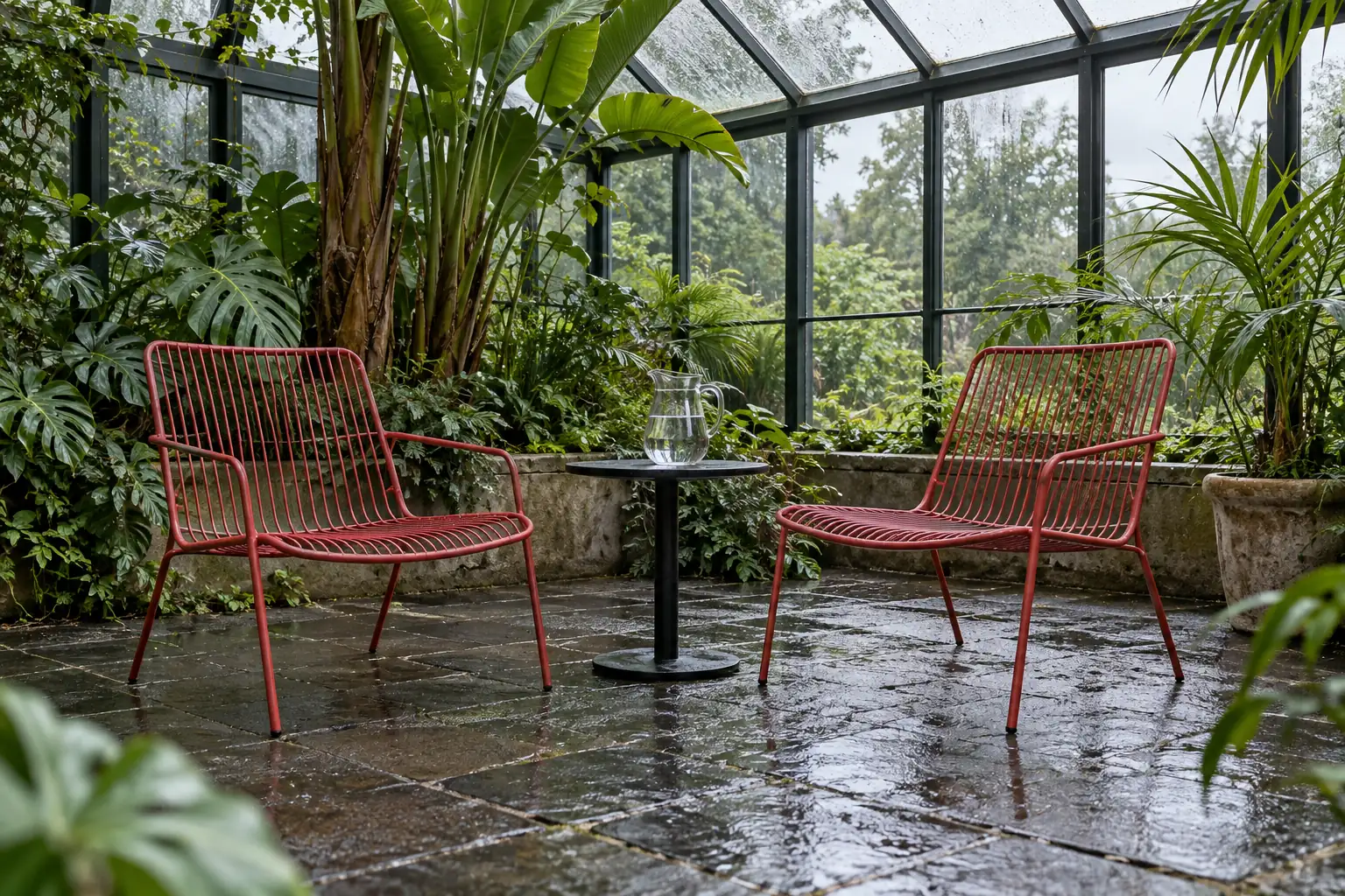 Illustration: Two red wire chairs and a water pitcher in an empty leafy conservatory.