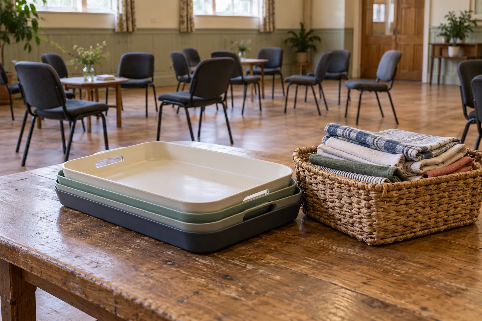 Illustration: Serving trays and cotton cloths in a hall with empty conversational chair clusters.