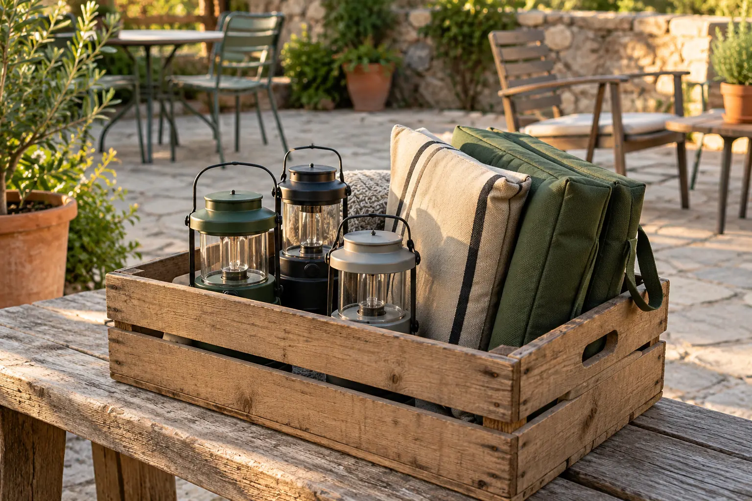 Illustration: Unlit portable lanterns and outdoor cushions in a crate on a courtyard bench.