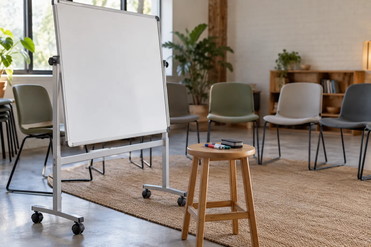 A blank wheeled whiteboard and marker stool before empty community-room chairs.