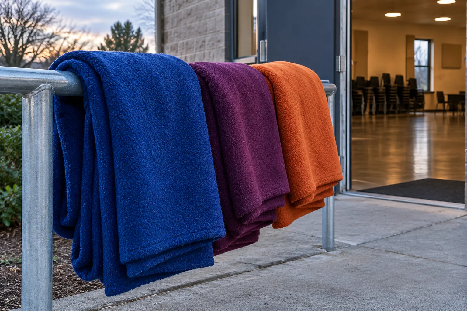 Illustration: Colorful blankets folded over a metal rail outside an empty community hall.
