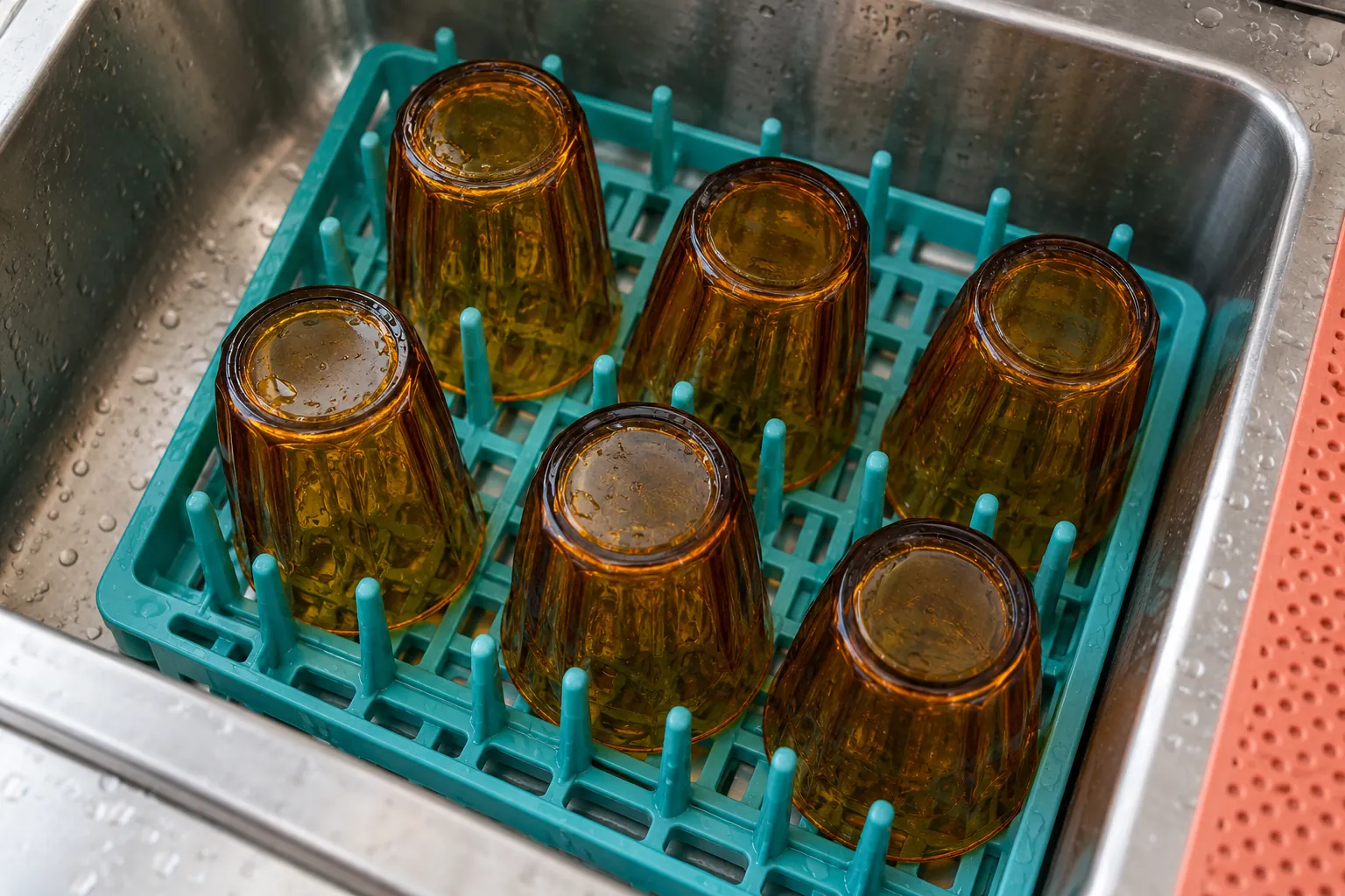 Illustration: Reusable amber tumblers drying on a teal rack in a stainless sink.