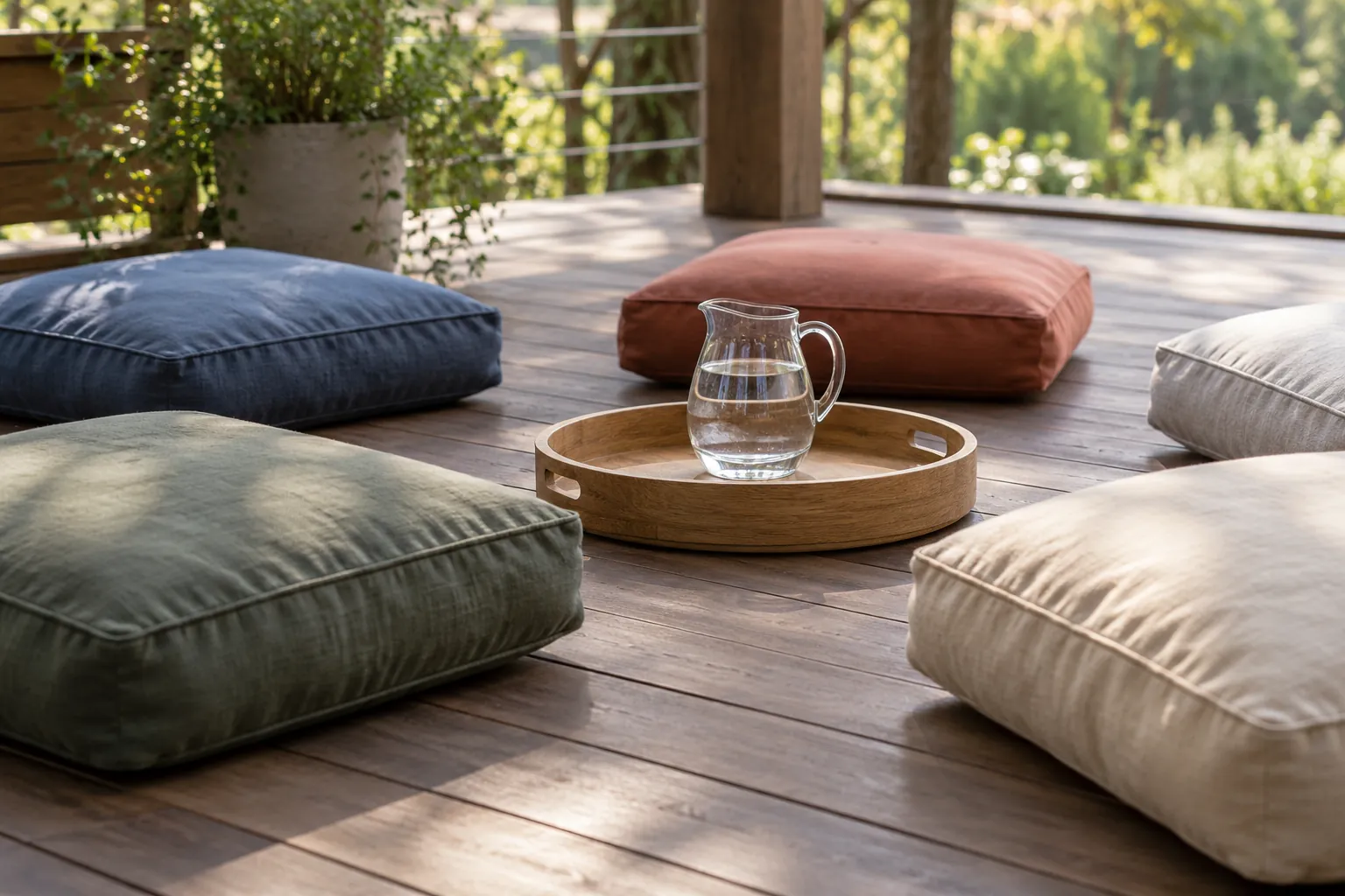 Illustration: Washable cushions in a loose circle around a water jug on a timber deck.