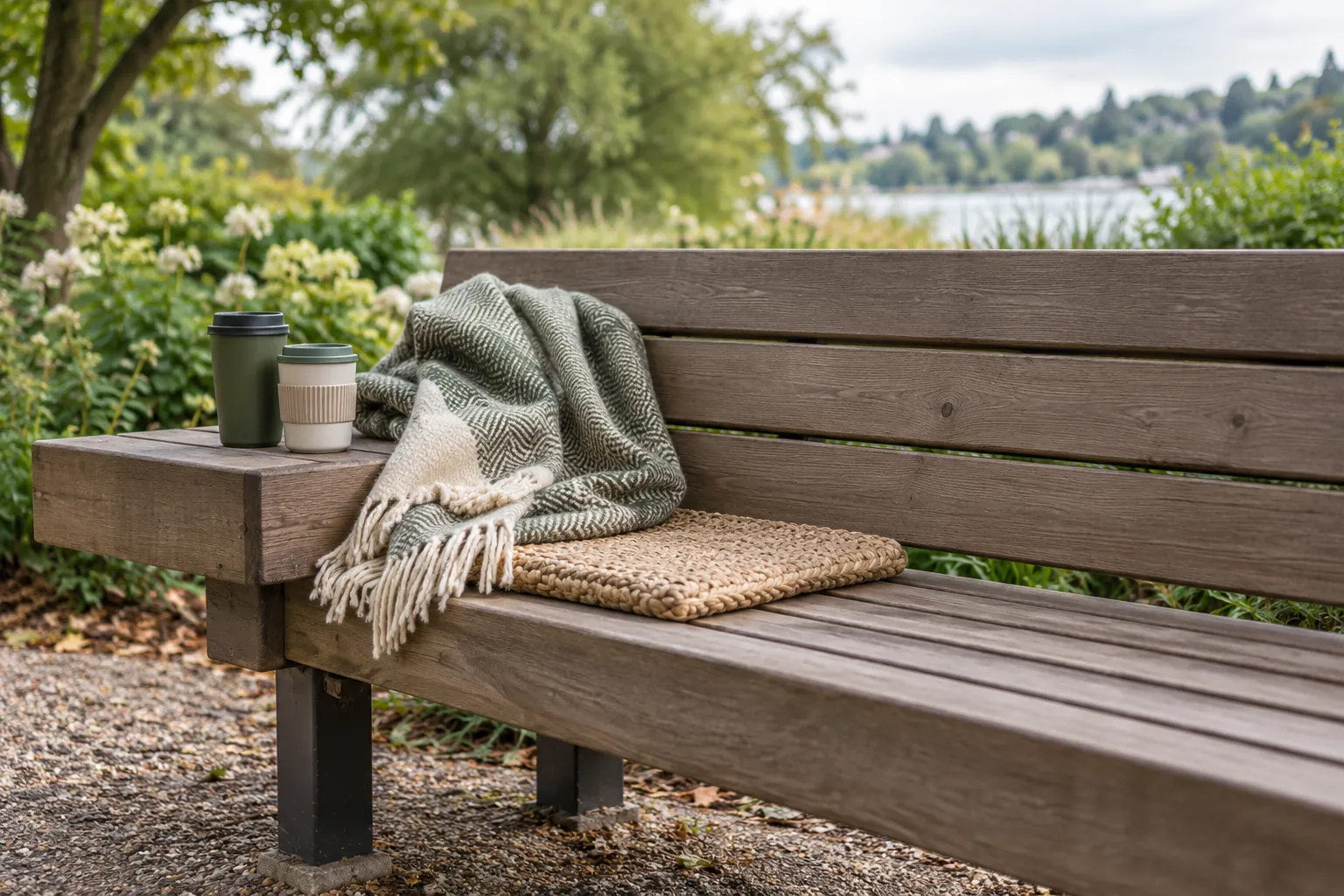 Illustration: A seat pad, folded blanket and two reusable cups on an empty neighborhood bench.