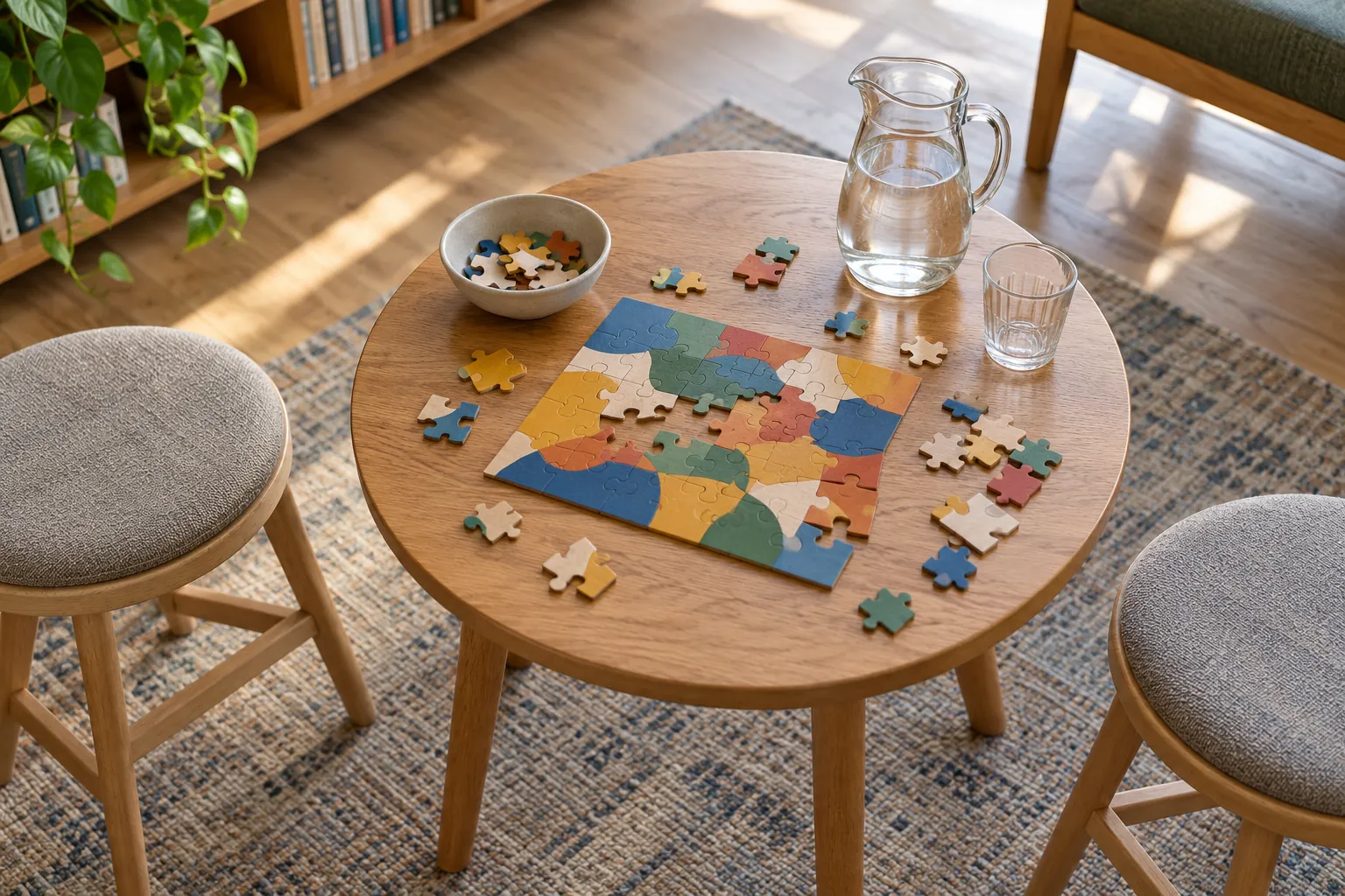 Illustration: An abstract wooden puzzle and water pitcher beside two empty community-room stools.