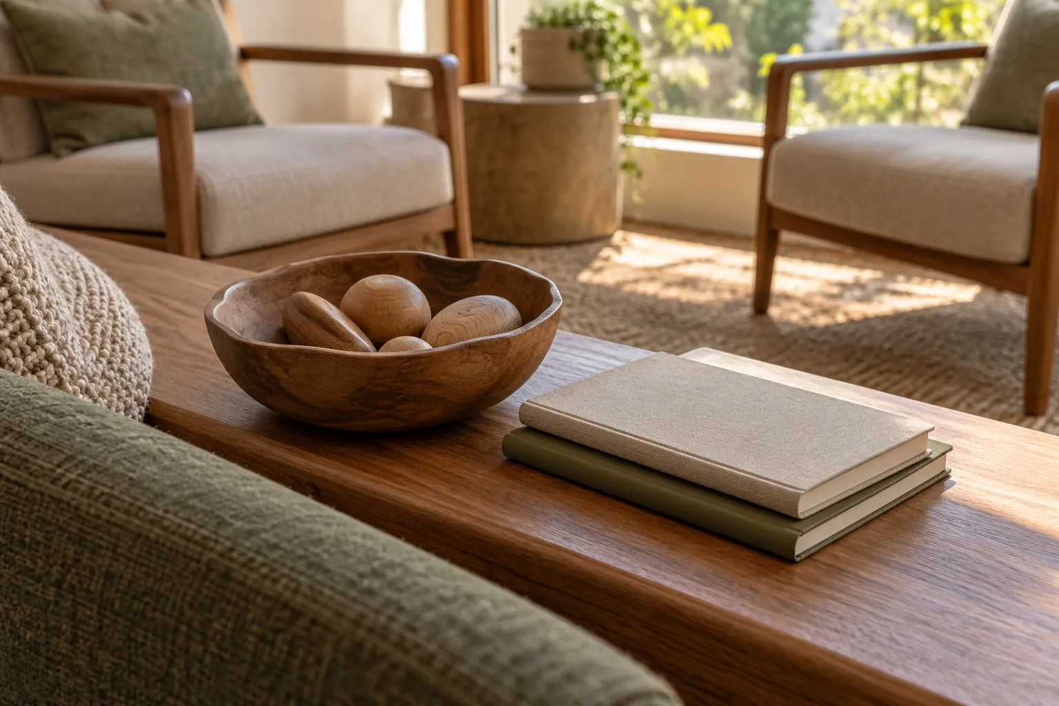 Illustration: Wooden listening tokens and closed notebooks beside empty lounge chairs.