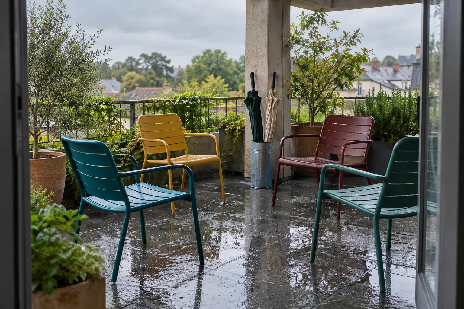 Illustration: Empty colorful chairs and folded umbrellas on a rain-wet community terrace.