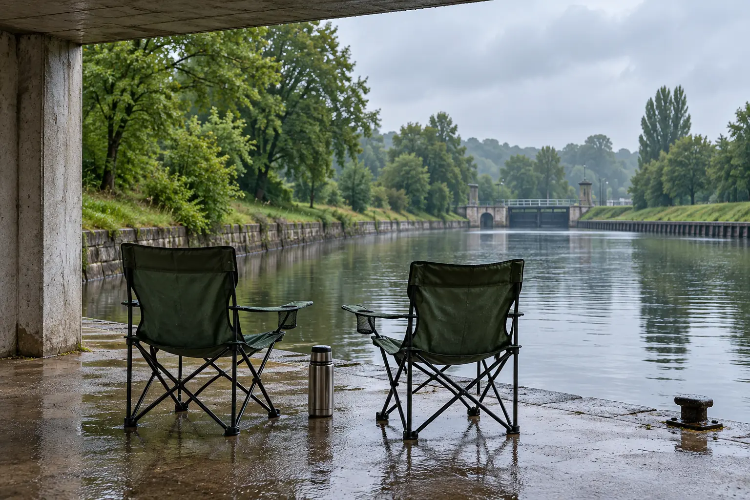 Two green folding chairs and a small steel thermos stand on a covered concrete canal landing after rain, shown wide with quiet water beyond.